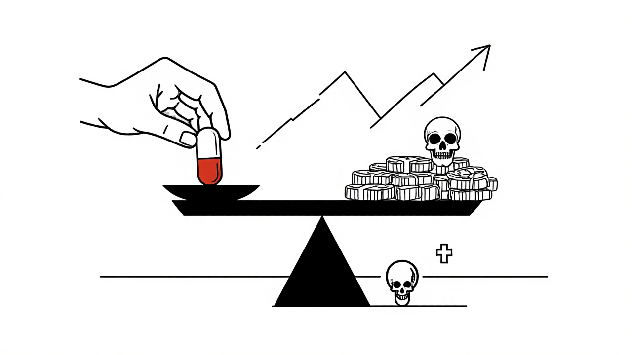Antibiotic pill on scale weighed against money and skull, resistance rising