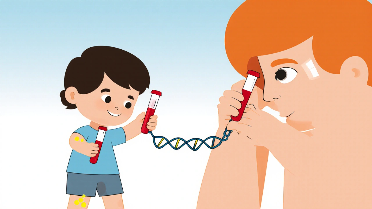 Child and adult linked by genetics with visible signs of familial high cholesterol.