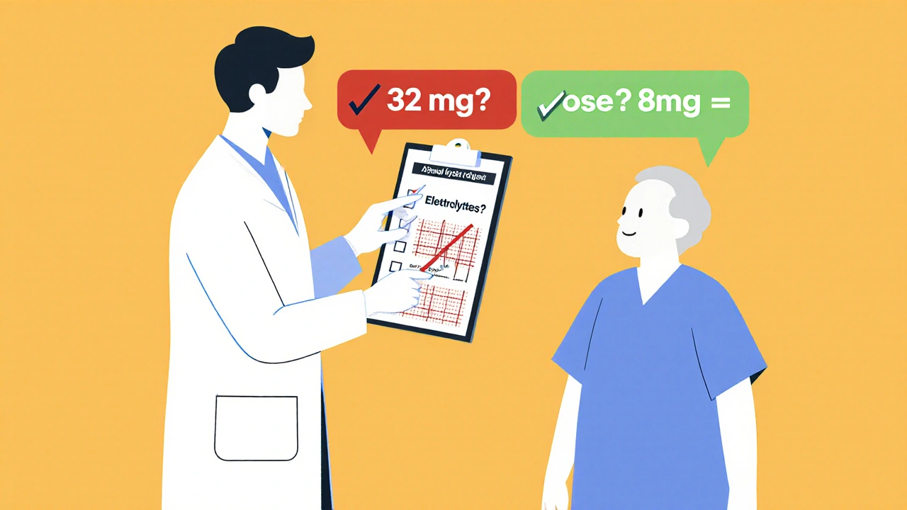 Clinician and patient with ECG checklist showing safe dosing protocol, crossed-out 32mg dose highlighted.