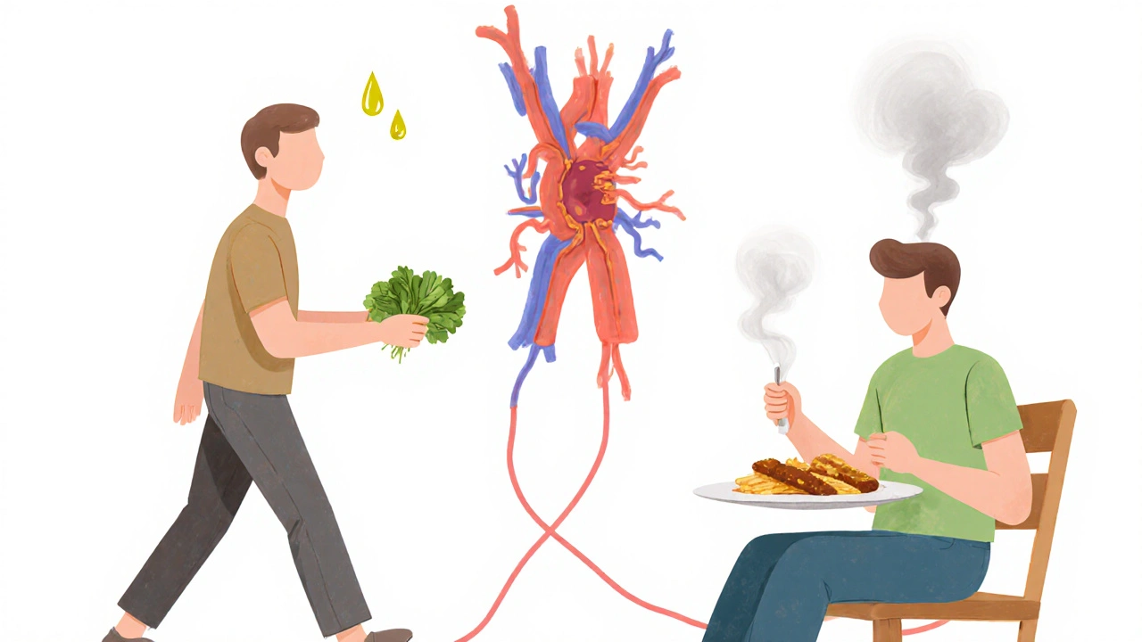 Contrasting lifestyle profiles connected by a healthy versus clogged artery pathway.