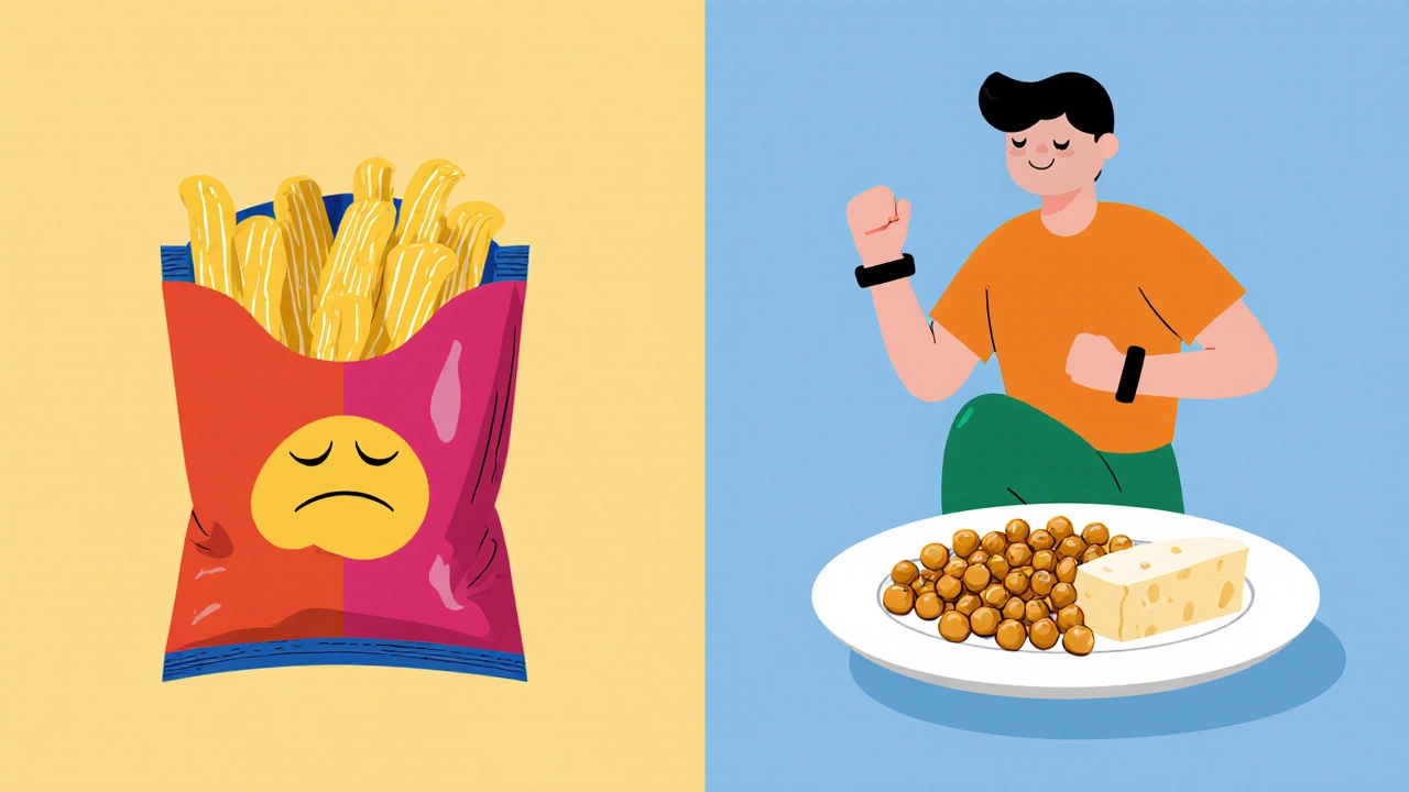 Contrasting snack choices: chips vs. protein-rich chickpeas and cheese with energetic figure.