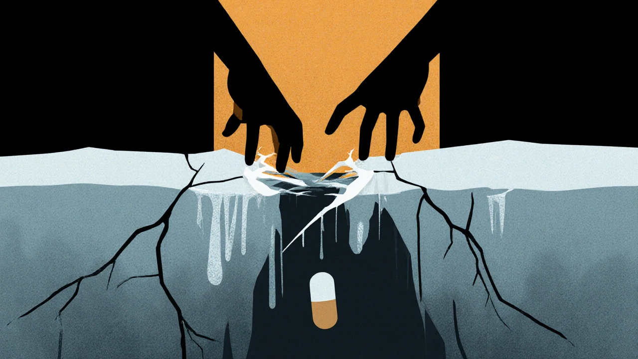 Cracked ice above dark water, one hand breaking through as another reaches down from above.