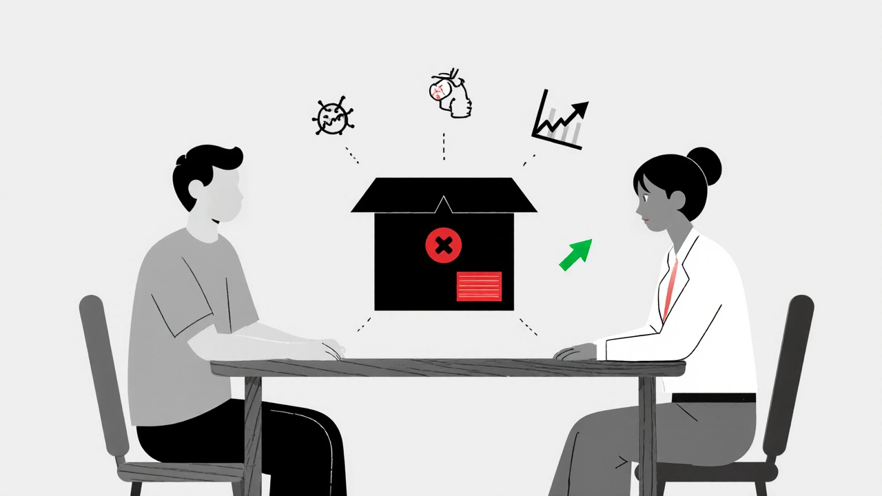 Doctor and patient facing each other with a black box icon between them, subtle medical symbols around.