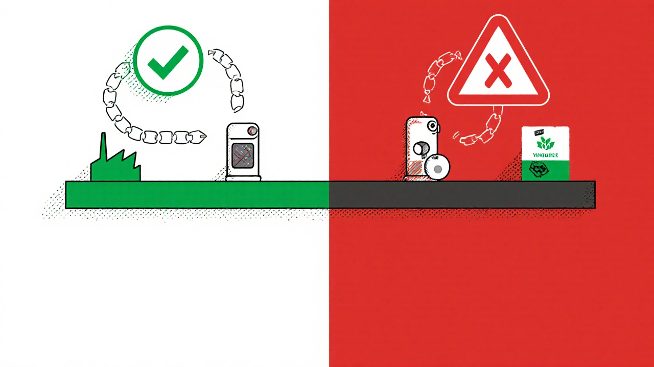 Empty hospital shelf in Seattle vs. one with inhaler in Calgary, symbolizing drug supply reliability.