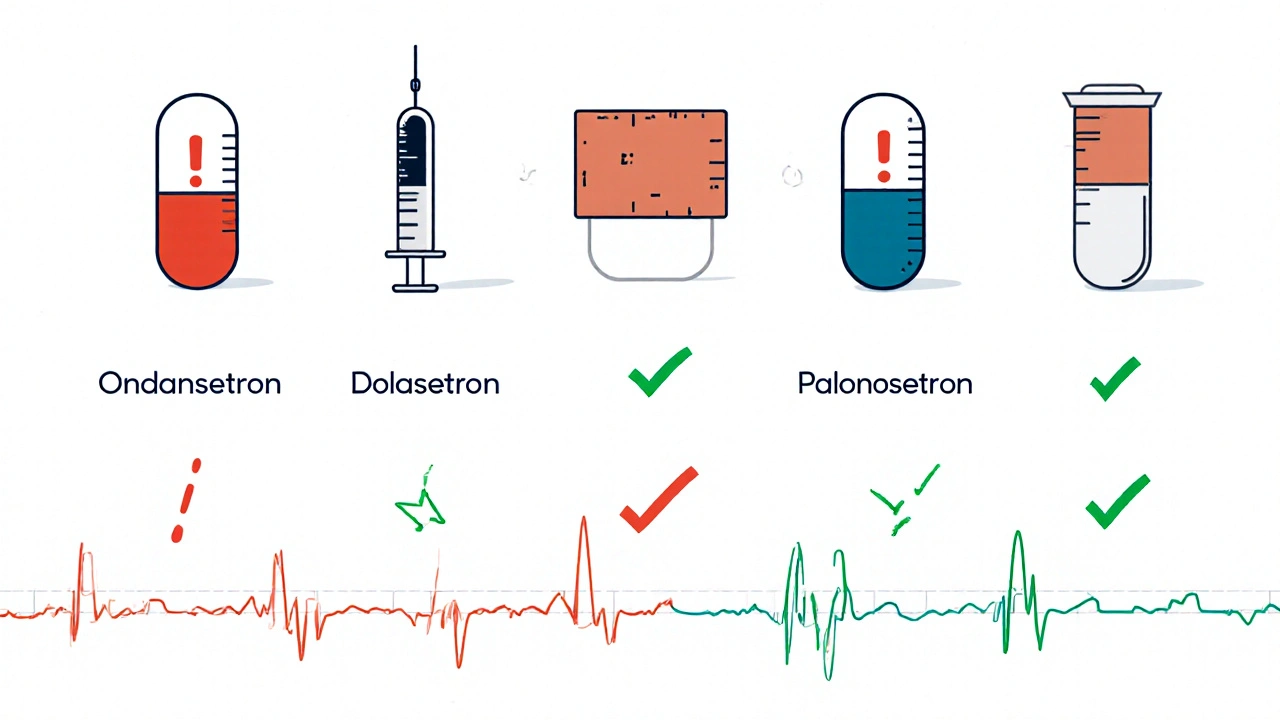 Five antiemetic drug icons with red warnings for ondansetron and dolasetron, green checks for safer options.