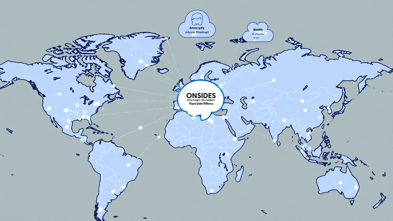 Global map with AI brain analyzing drug side effect data from around the world.