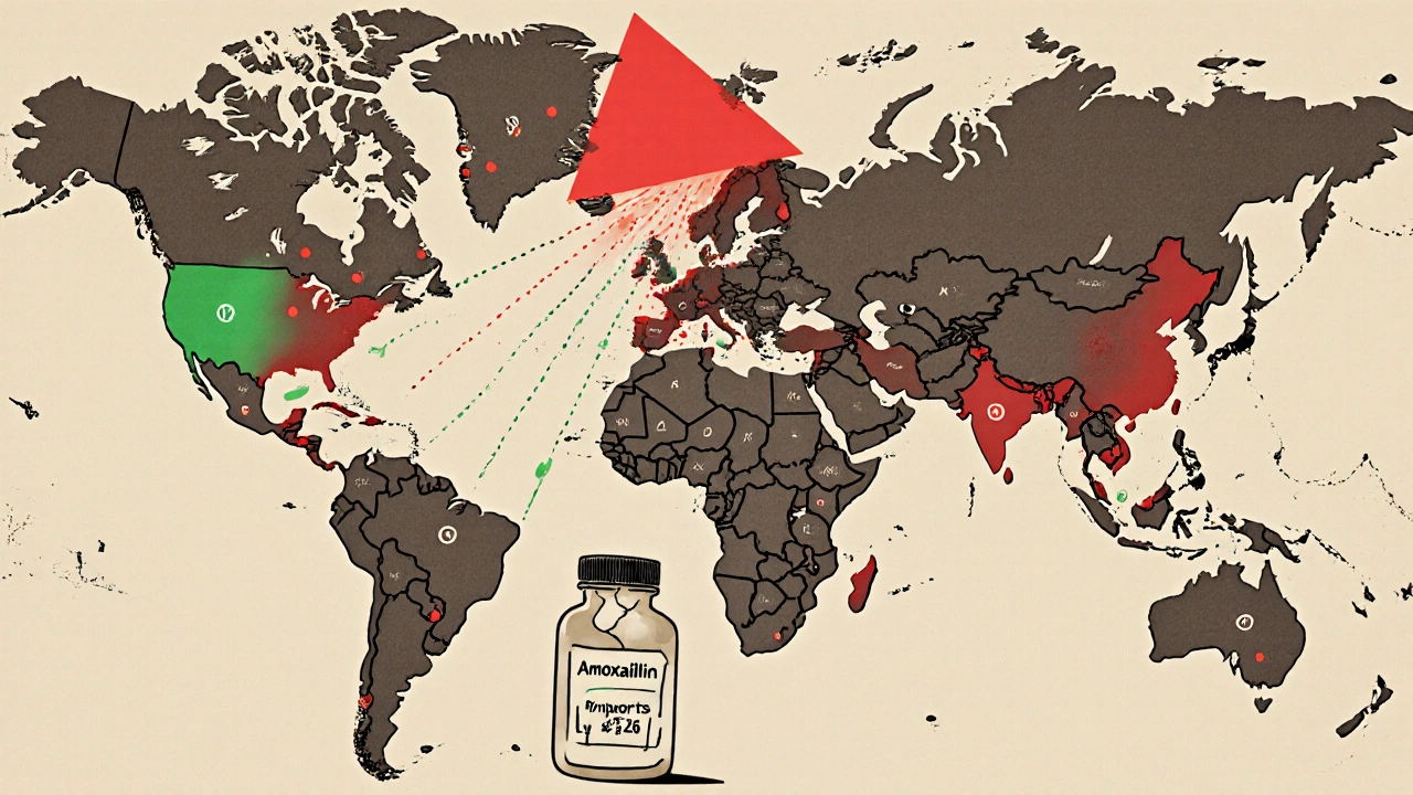 Global map with fading antibiotic access in low-income regions, cracked pill at center
