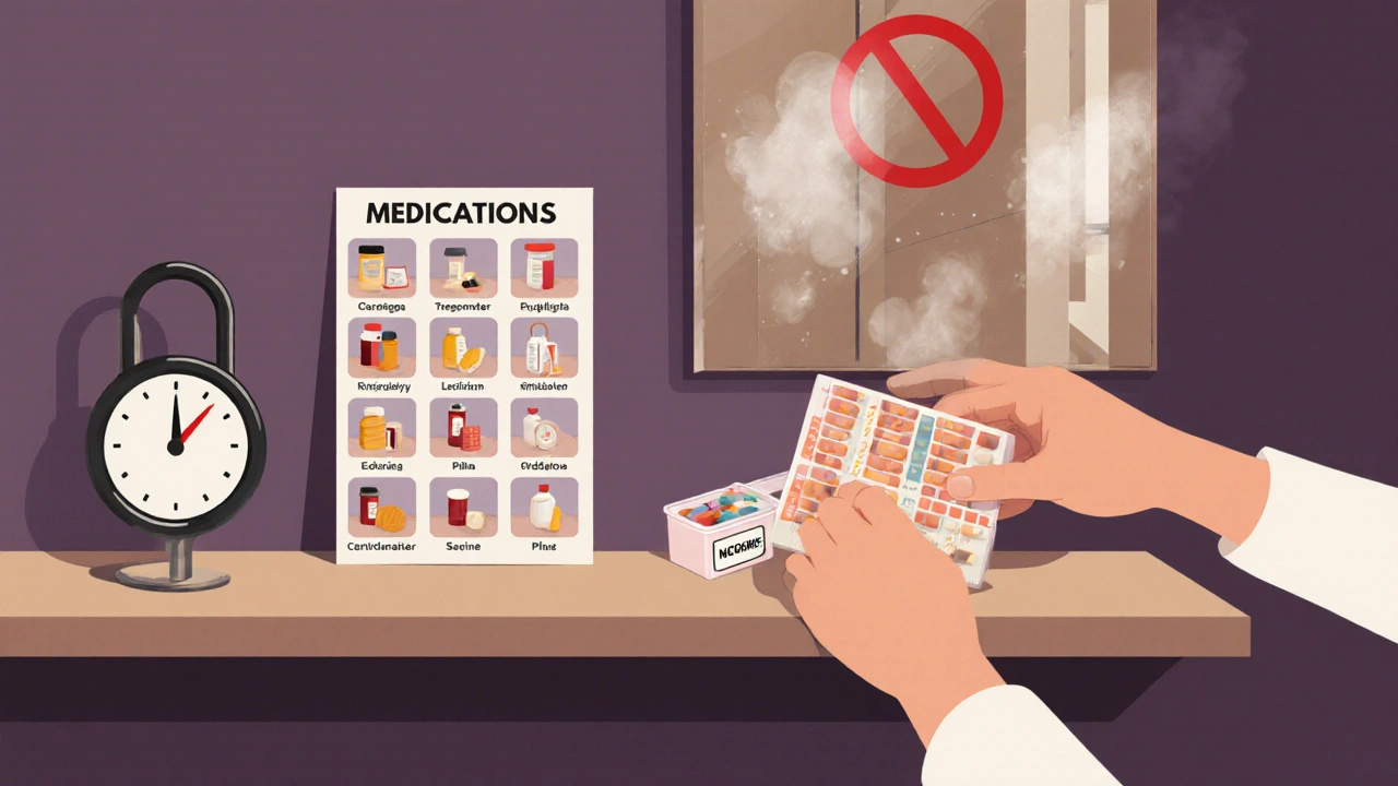 Locked pill organizer and pill photo chart on a bedroom shelf, bathroom with steam marked as unsafe.