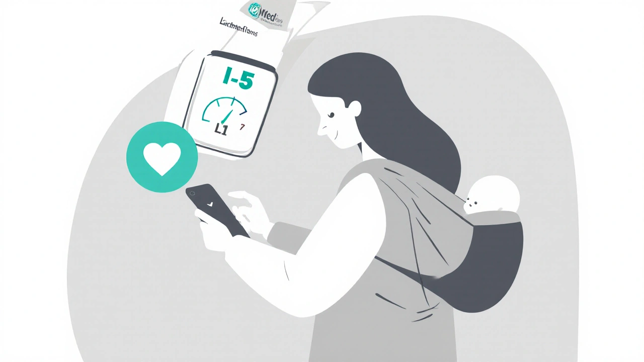 Mother using LactMed app on phone with L1-L5 safety scale floating above.