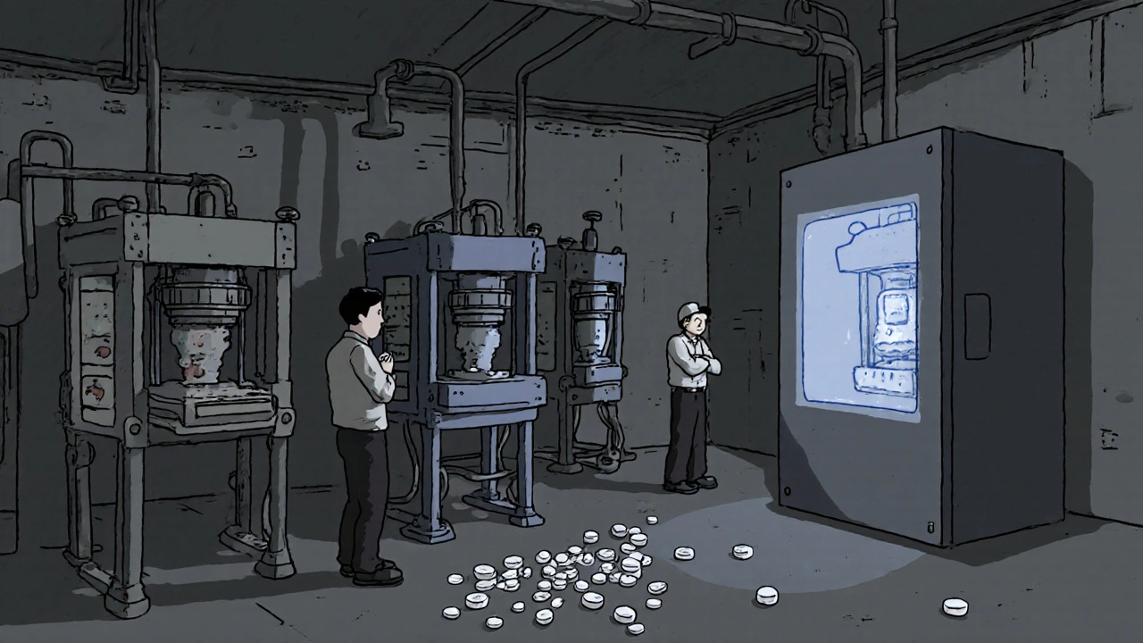 Outdated tablet press next to modern AI inspection system in a minimalist factory scene.