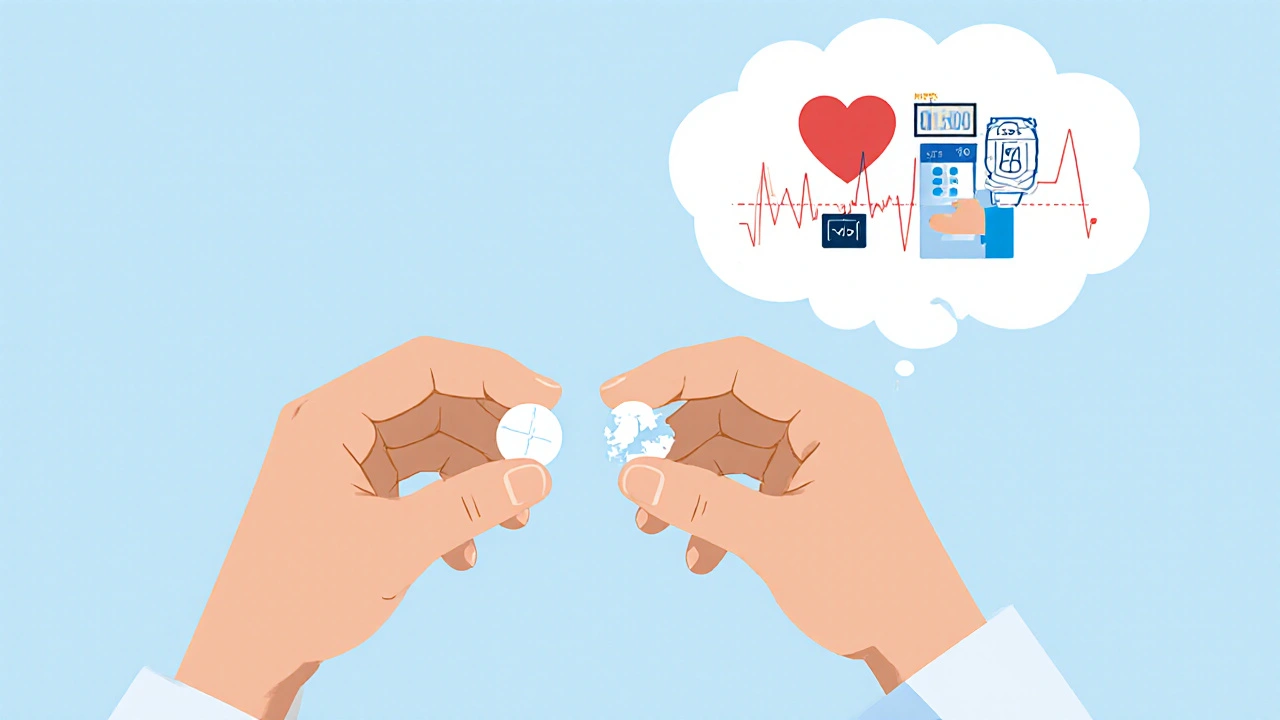 Patient holding two pills—one crumbling—with a thought bubble showing health concerns.