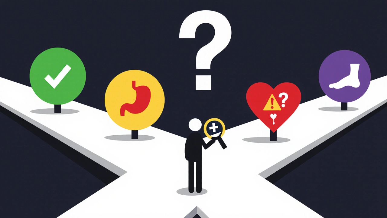 Person at crossroads with diabetes medication paths, minimalist illustration with color-coded risks.