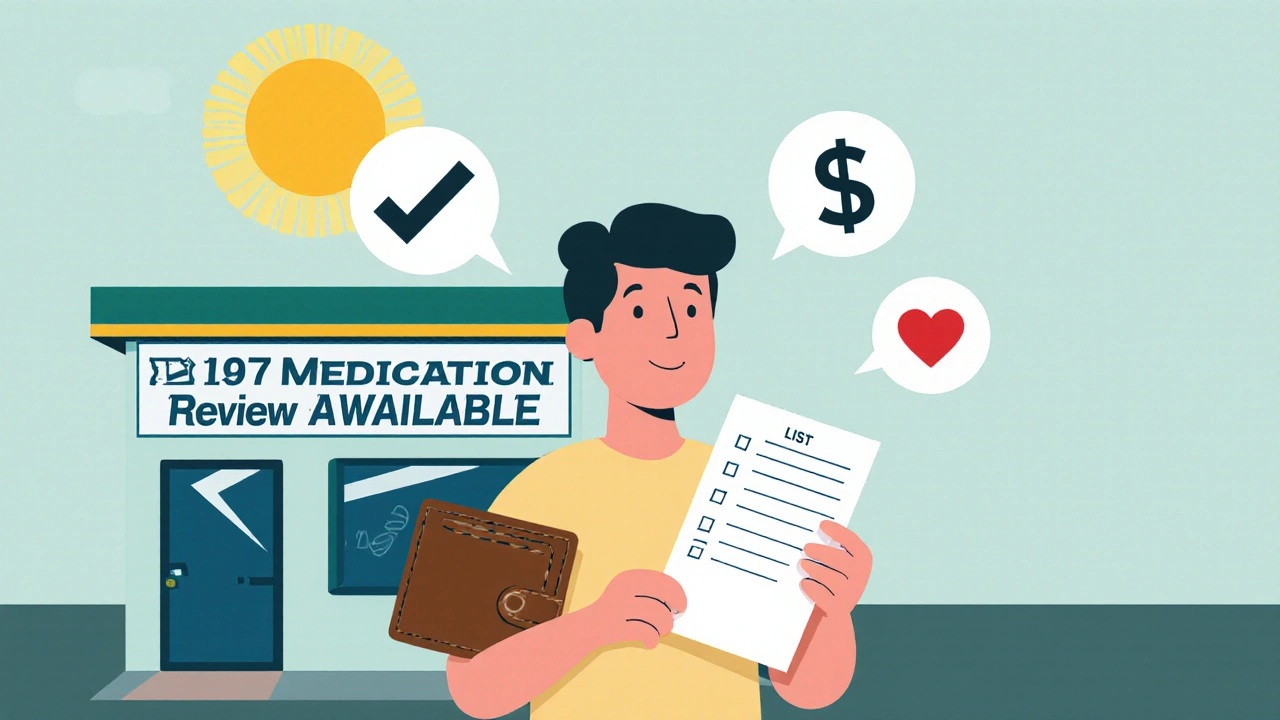 Person holding medication list with symbols of safety, savings, and care.