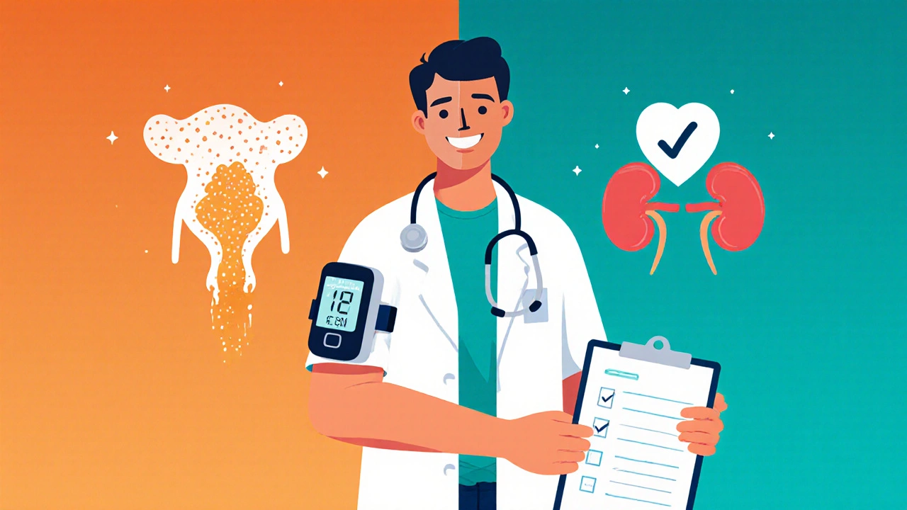 Person with glucose monitor beside doctor, split background showing infection and protection symbols.