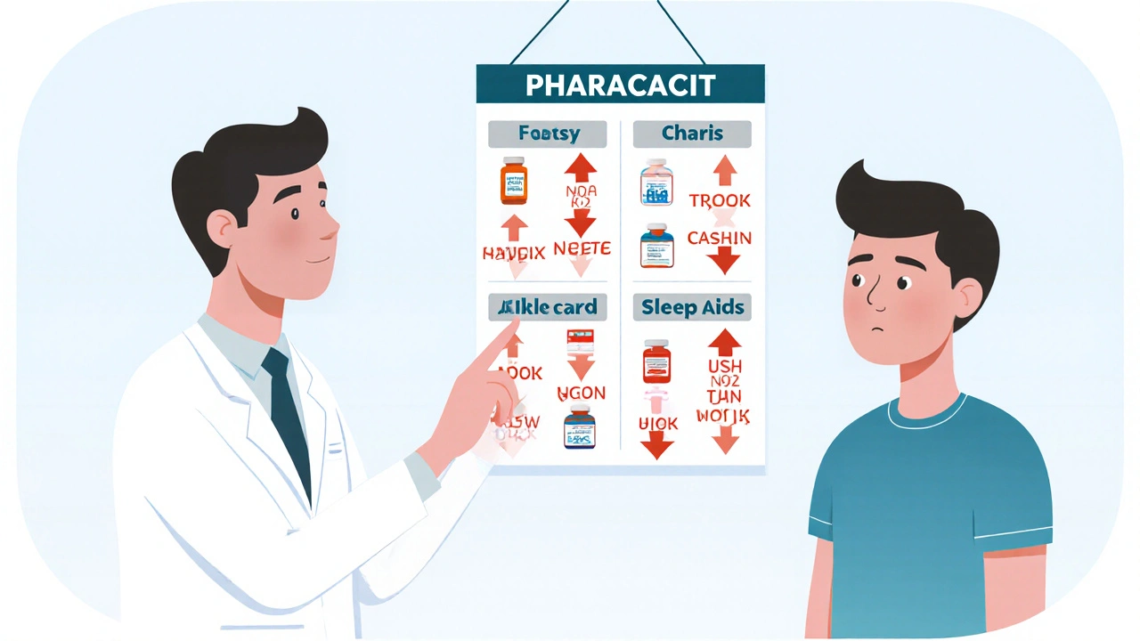 Pharmacist explaining drug interactions using a simple medication chart.