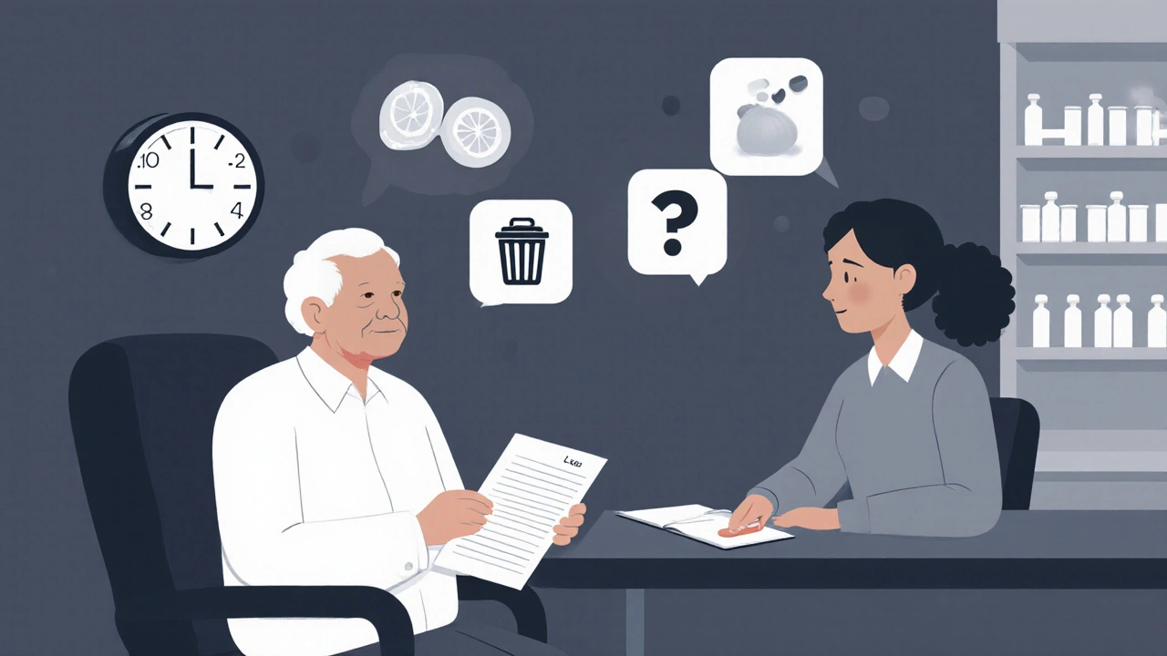 Senior and caregiver speaking with pharmacist, floating icons representing medication safety concerns.