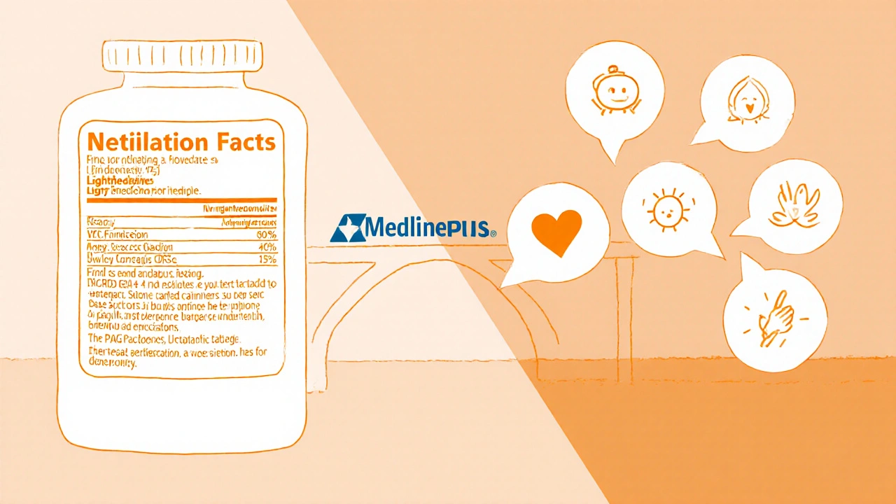 Split illustration comparing complex FDA label with simple, friendly MedlinePlus summary.
