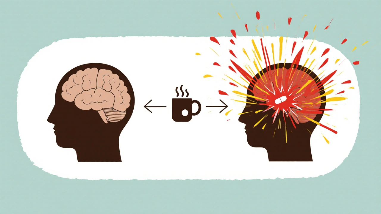Two brain icons: one calm, one overloaded with sparks, connected by coffee and pill symbols.