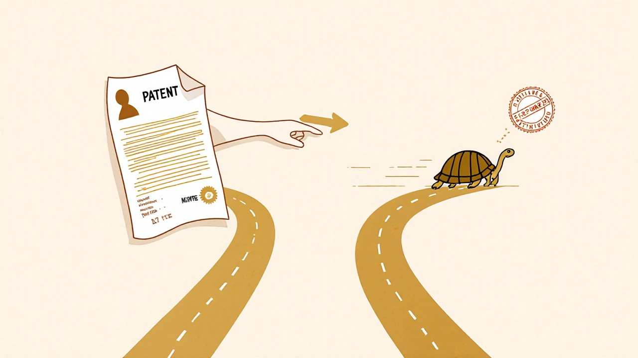 Two paths from a patent document—one slow, one fast—with a hand adding a 5-year extension stamp.
