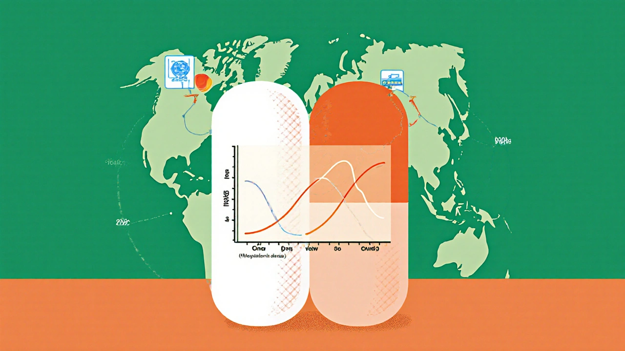 Two pills side by side with overlapping bioequivalence curves, symbolizing same effectiveness, global supply chain in background.