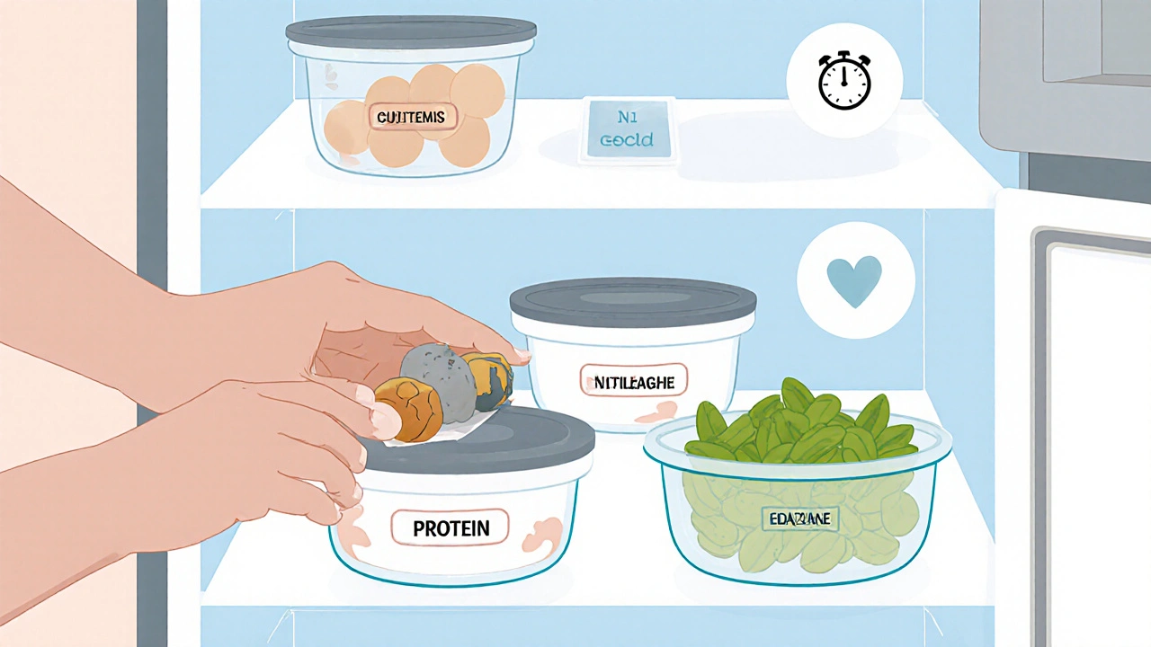 Weekly prep of high-protein snacks stored in glass containers inside a fridge.