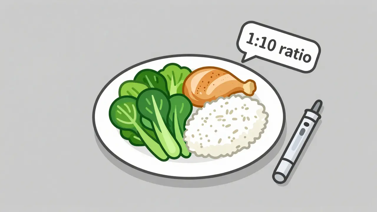 A balanced plate with vegetables, protein, and rice, beside an insulin pen and a 1:10 carb-to-insulin ratio tag.