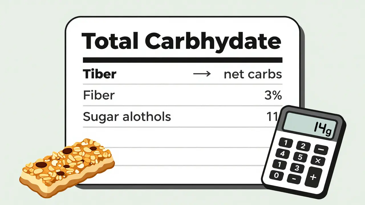 A nutrition label showing total carbs with arrows subtracting fiber and sugar alcohols, revealing 14g net carbs.