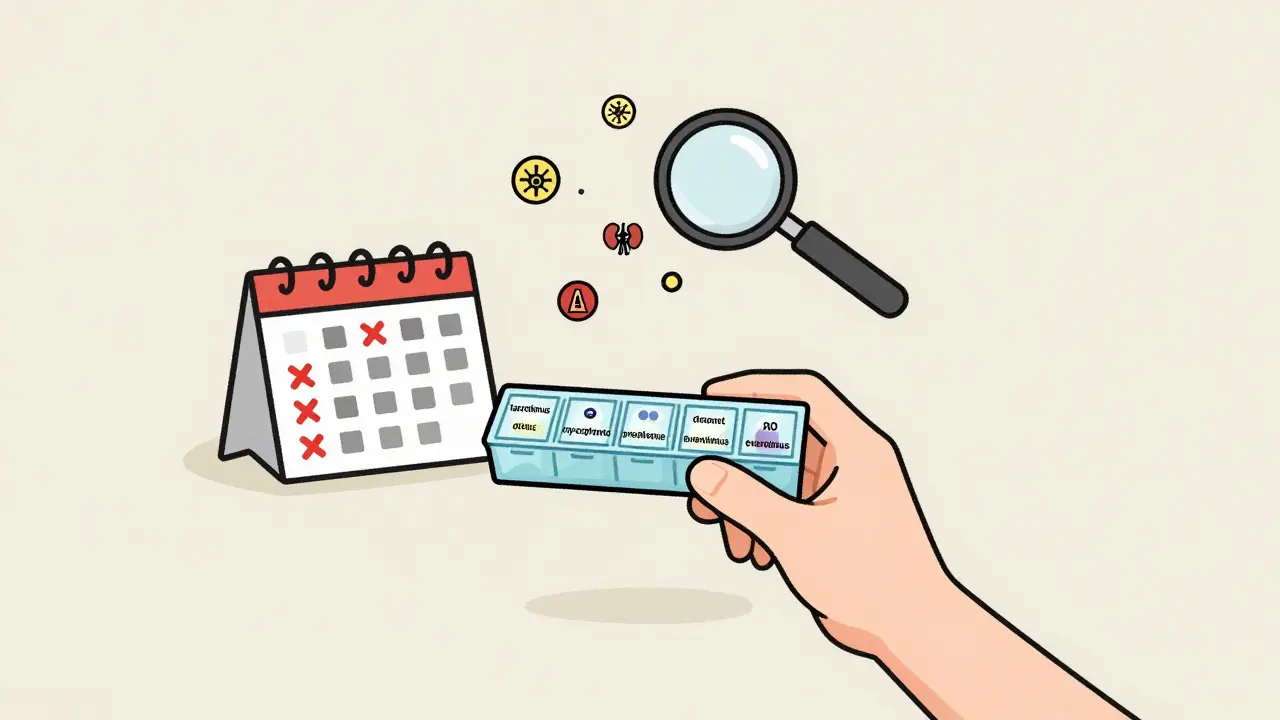A patient with a pill organizer and missed doses, revealing hidden health risks through subtle icons.