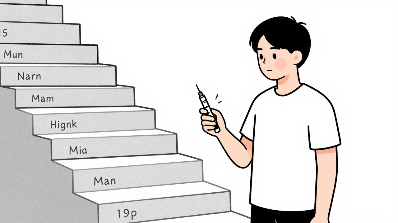 A person holding a weekly injection pen beside a 12-month staircase showing facial changes.