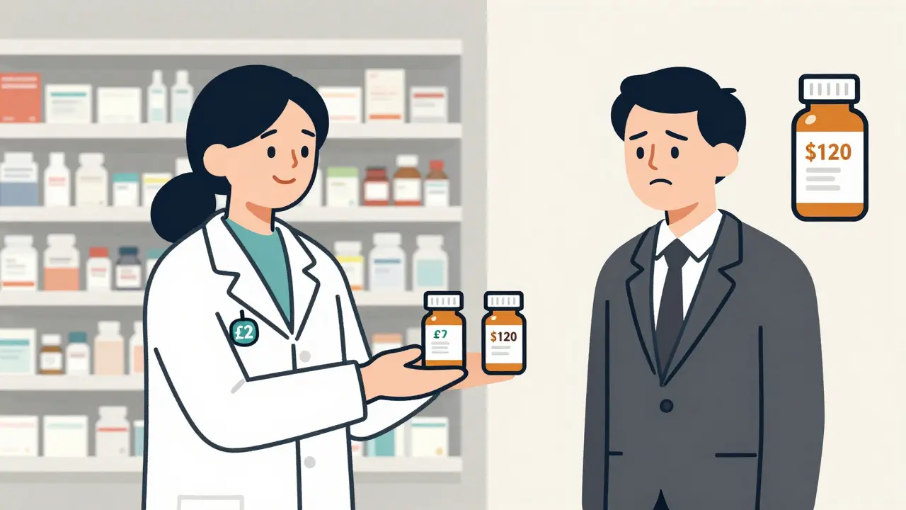 A pharmacist giving the same pill bottle to two patients in different countries with contrasting reactions and prices.
