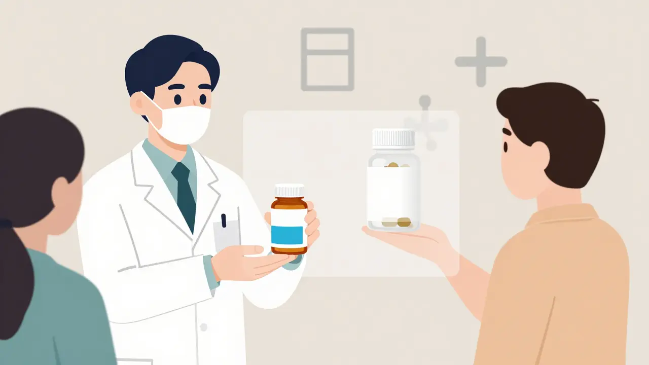 A pharmacist handing an unlabeled pill bottle to a patient, with pills shown as identical.