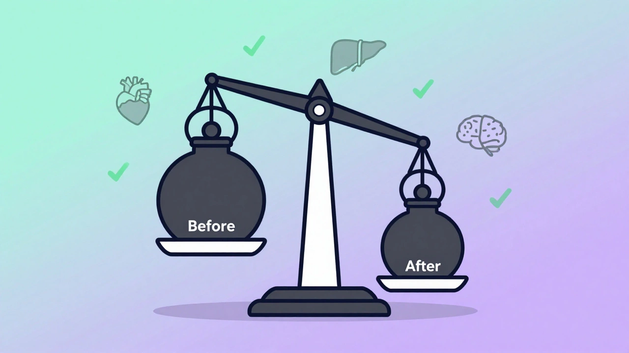 A scale showing weight loss with icons of heart, liver, and brain showing health improvements.