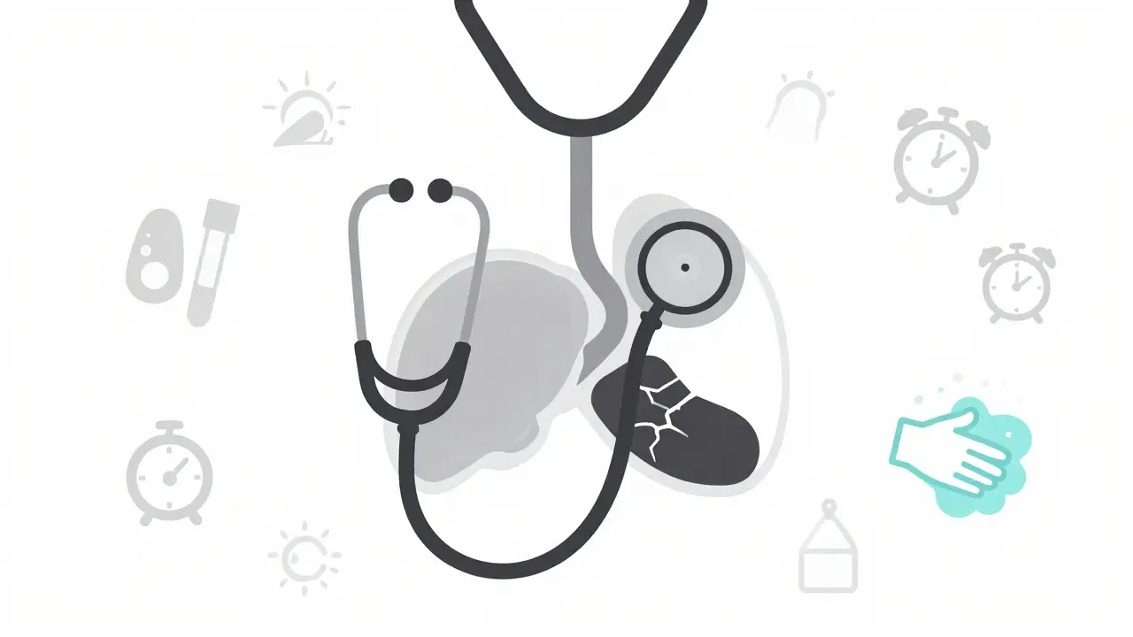 A stethoscope over a chest showing a healthy versus damaged organ, with daily care reminders around it.