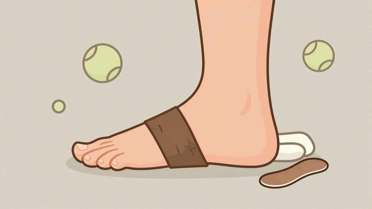 Anatomical illustration of the plantar fascia as a frayed band with treatment tools nearby.
