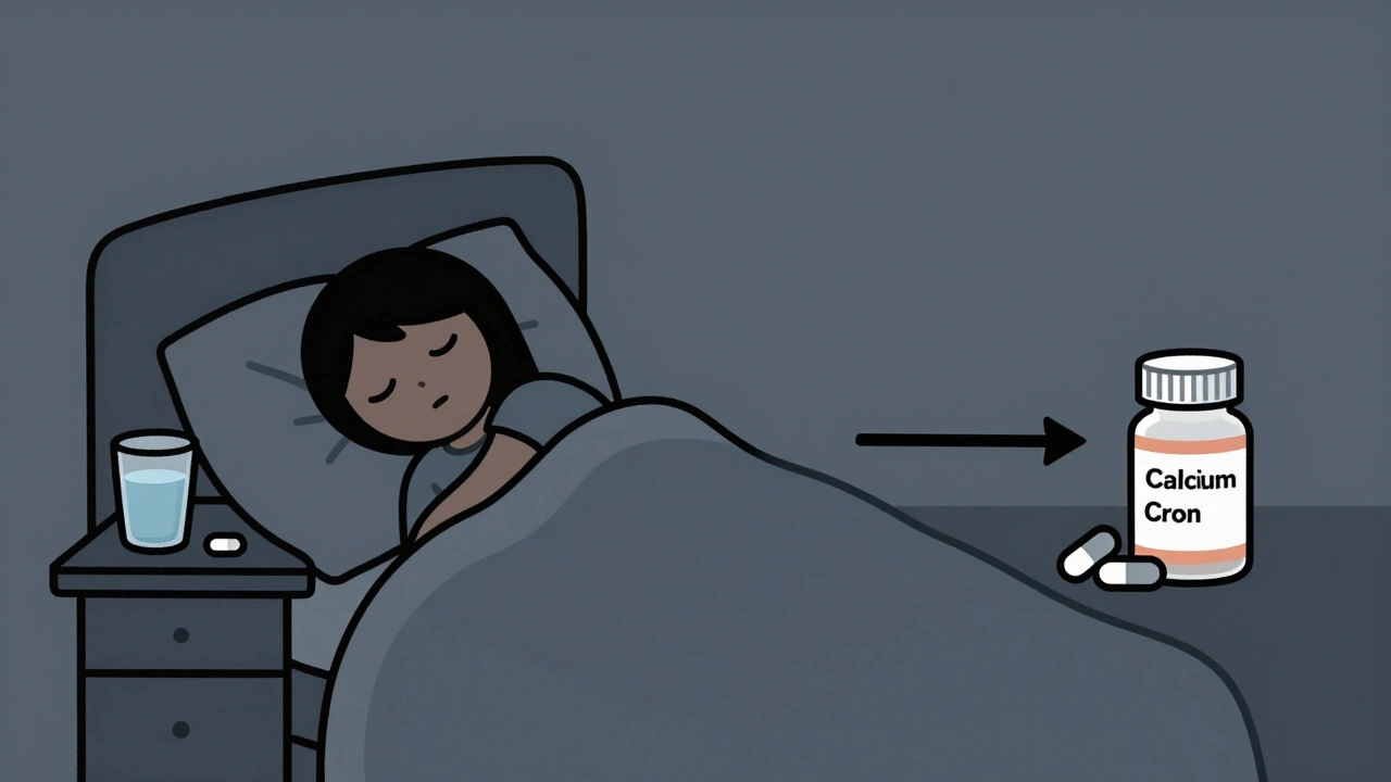 Bedtime scene with thyroid pill and supplements spaced apart on nightstand.