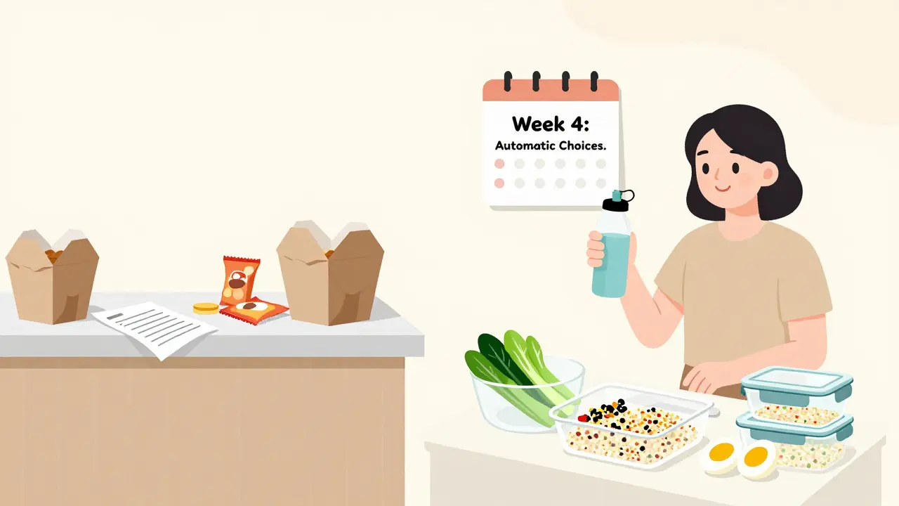 Before-and-after kitchen scene showing chaos turned into organized meal prep