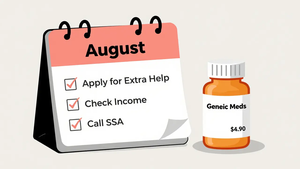 Calendar with August and checklist next to pill bottles marked .90 each.