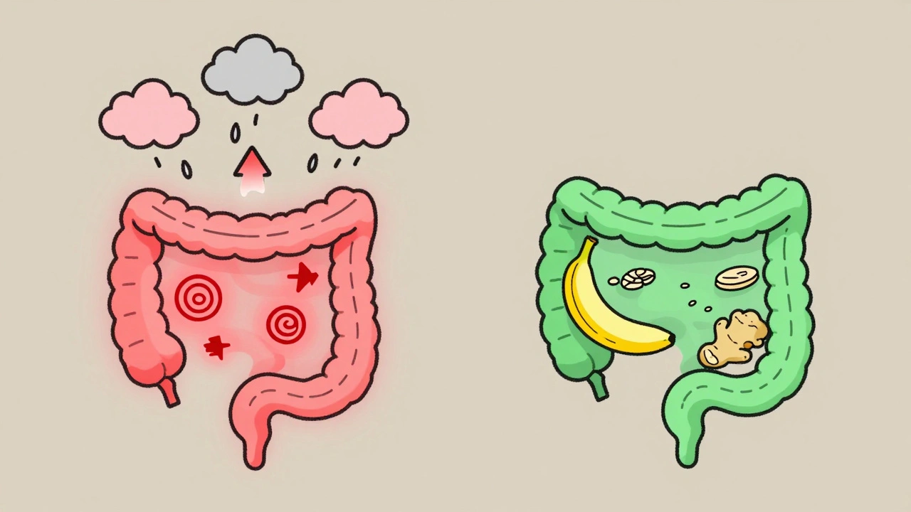 Comparison of gut reactions to sertraline: chaotic vs. managed with food and ginger.