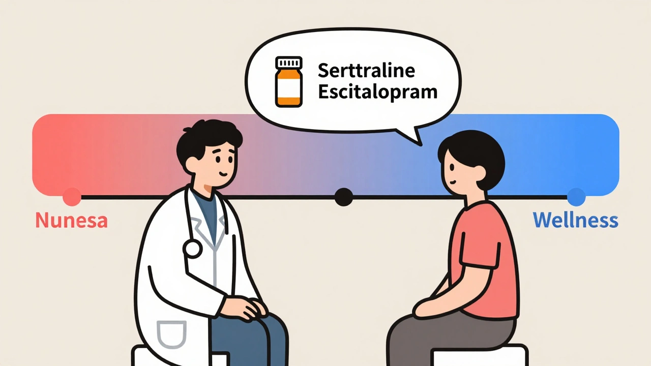 Doctor and patient discussing switching from sertraline to escitalopram.