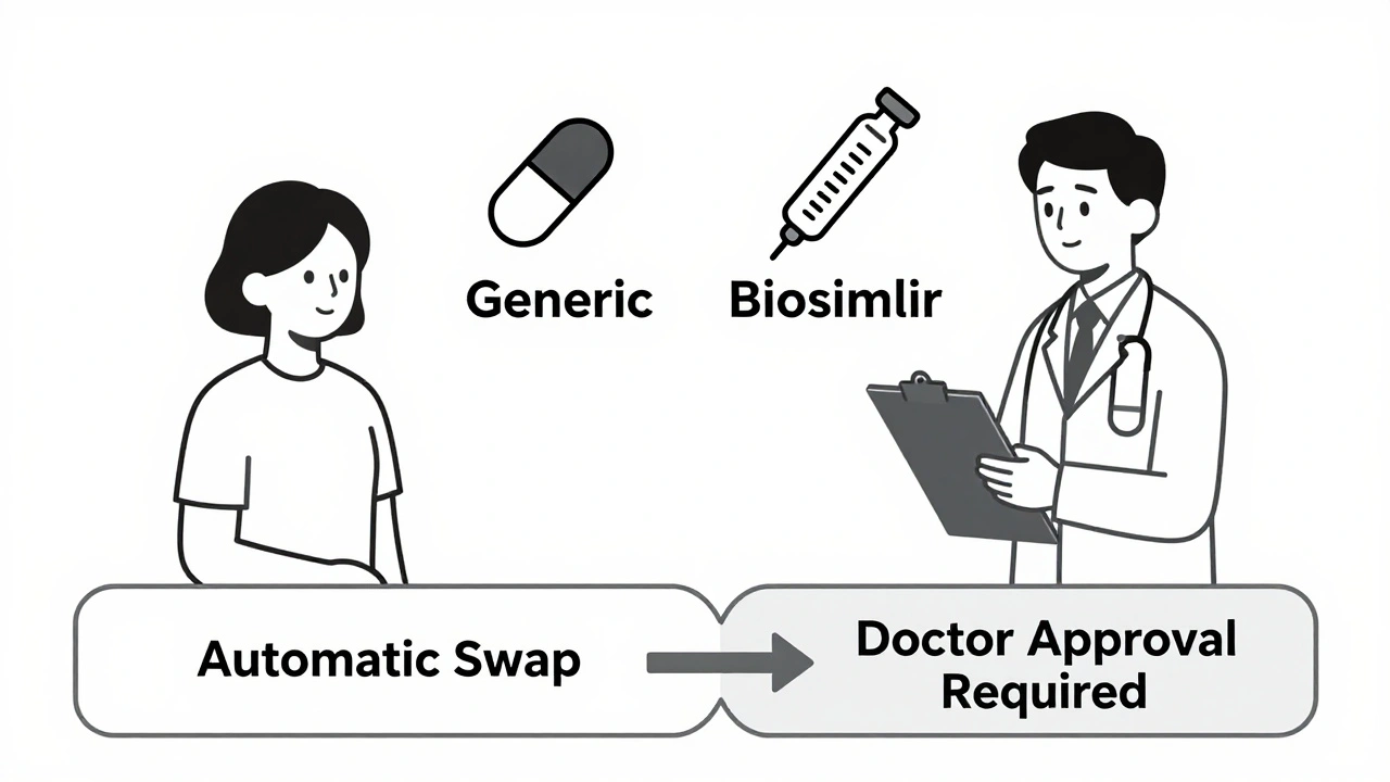 Doctor and patient with generic and biosimilar drug icons, showing automatic swap vs doctor approval paths.