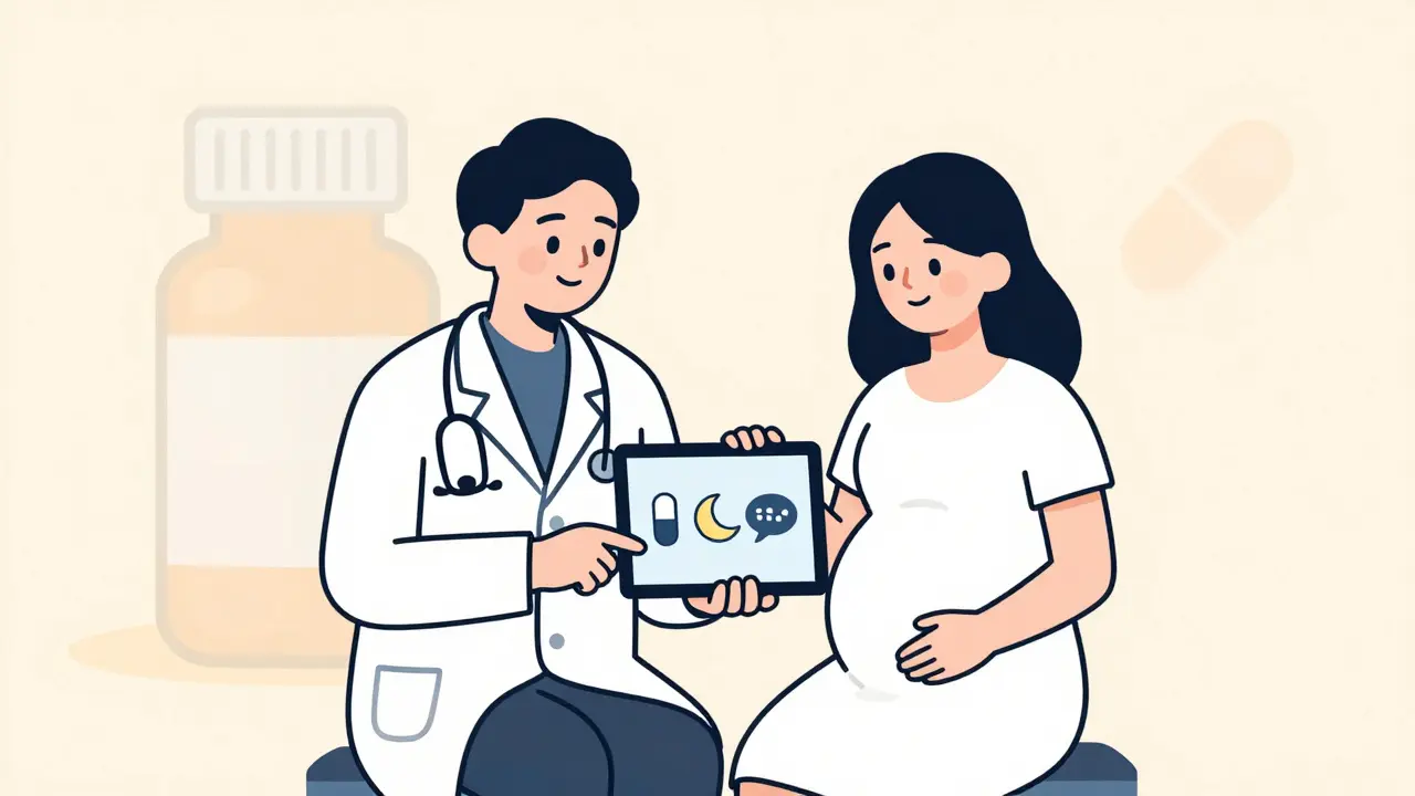 Doctor and pregnant patient discussing safer treatment options with icons of therapy and medication.