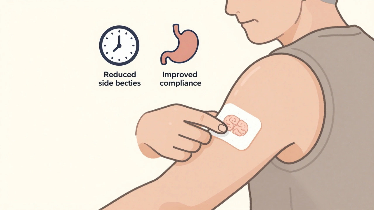 Elderly person applying a medicine patch with icons representing improved dosing and comfort.