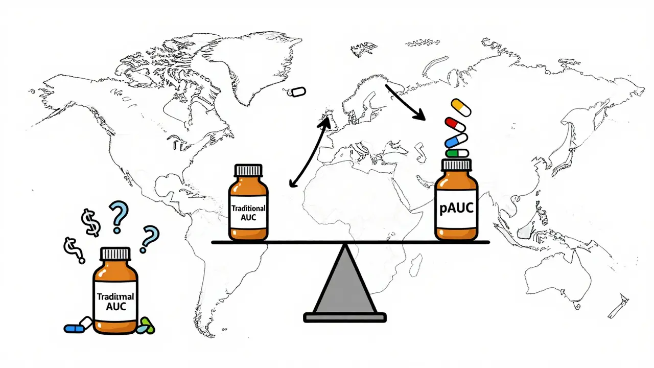Global scale balancing traditional bioequivalence vs. partial AUC, with complex drug types favoring pAUC.
