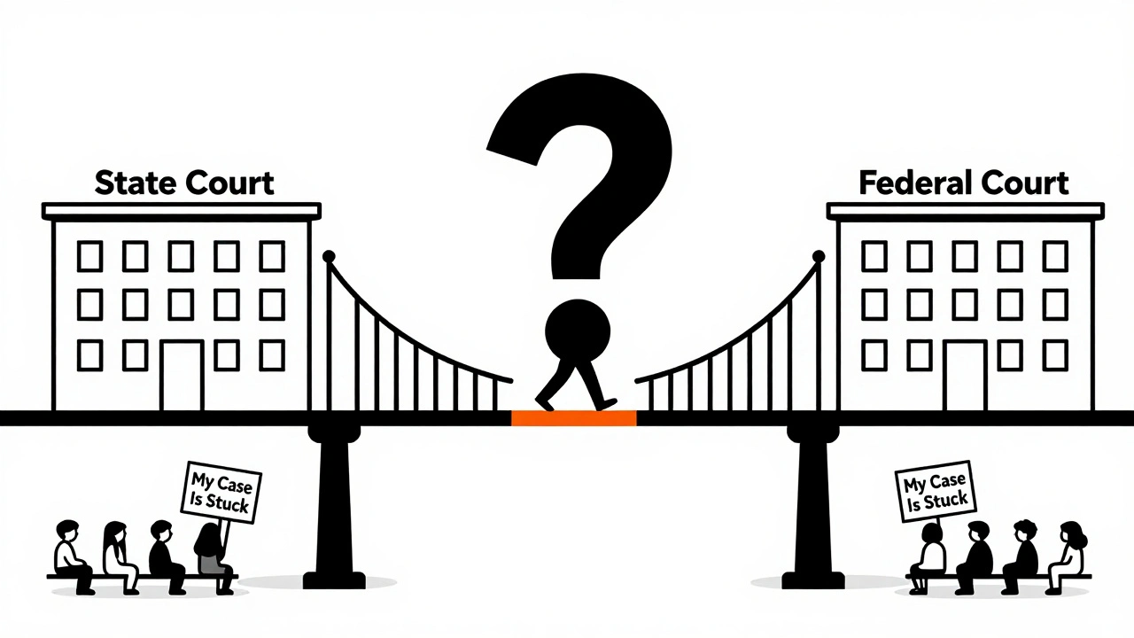 Lawyer crossing a broken bridge between state and federal courts.