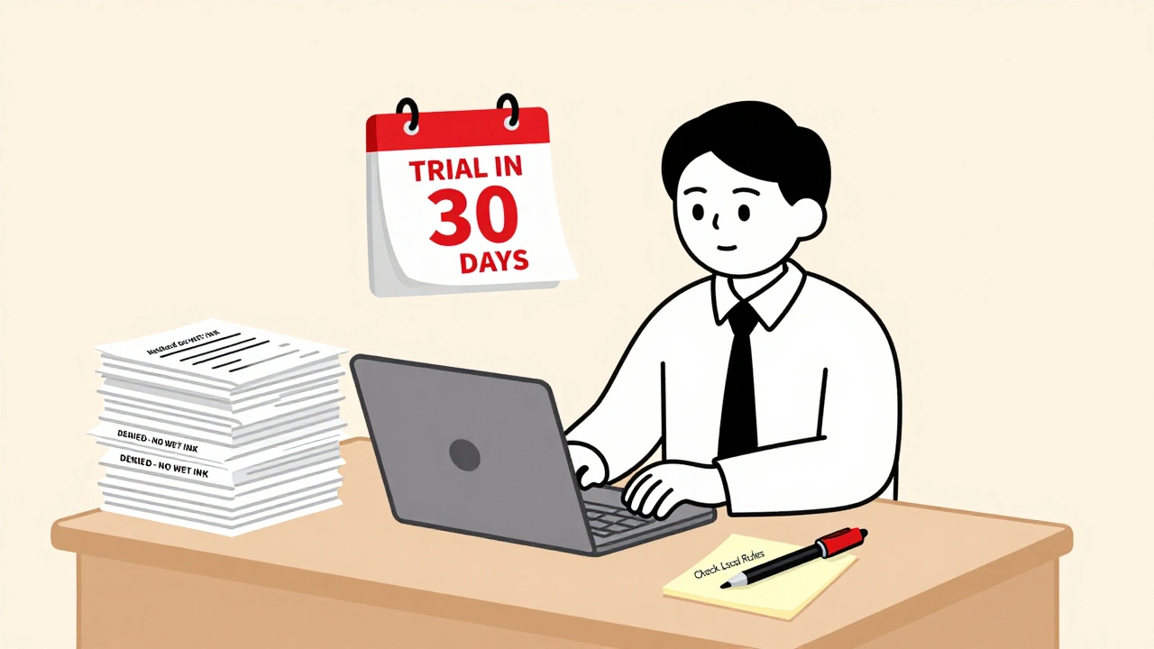 Lawyer facing rejected court forms near a trial deadline calendar.