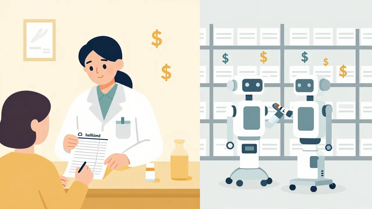 Local pharmacist reviewing meds vs. automated warehouse packing pills with dollar signs.
