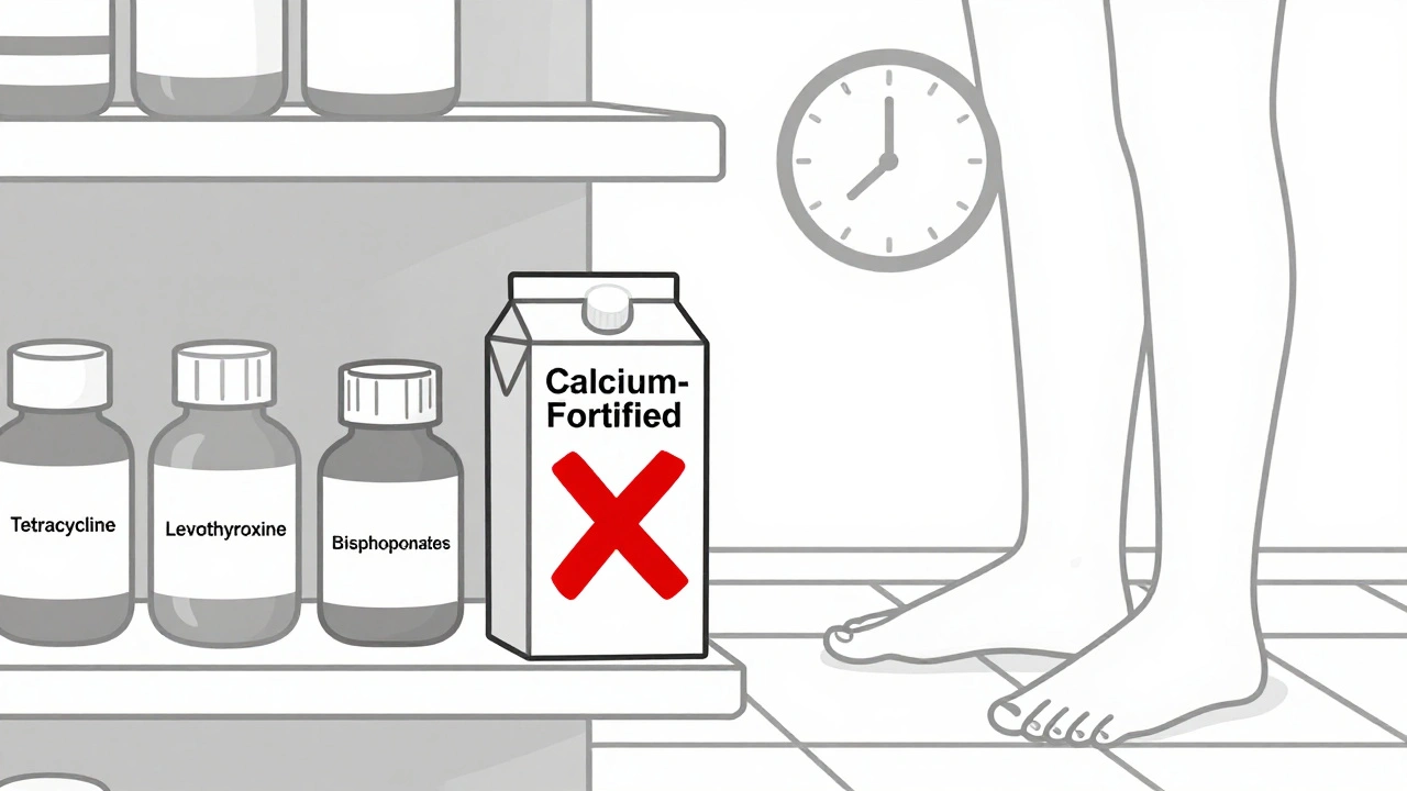 Medication bottles with a calcium juice carton marked by a red X, on a pharmacy shelf with a clock.