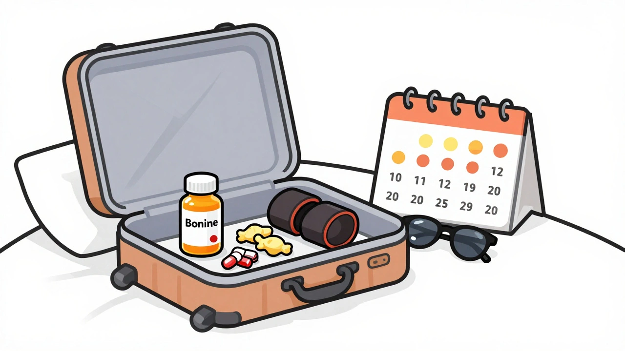 Open suitcase with travel aids: pill bottle, ginger candies, and wristbands.
