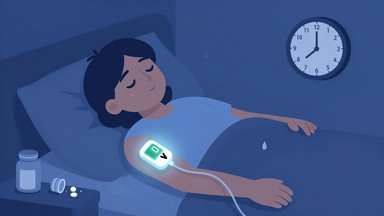 Patient asleep with glucose monitor showing nighttime low blood sugar.