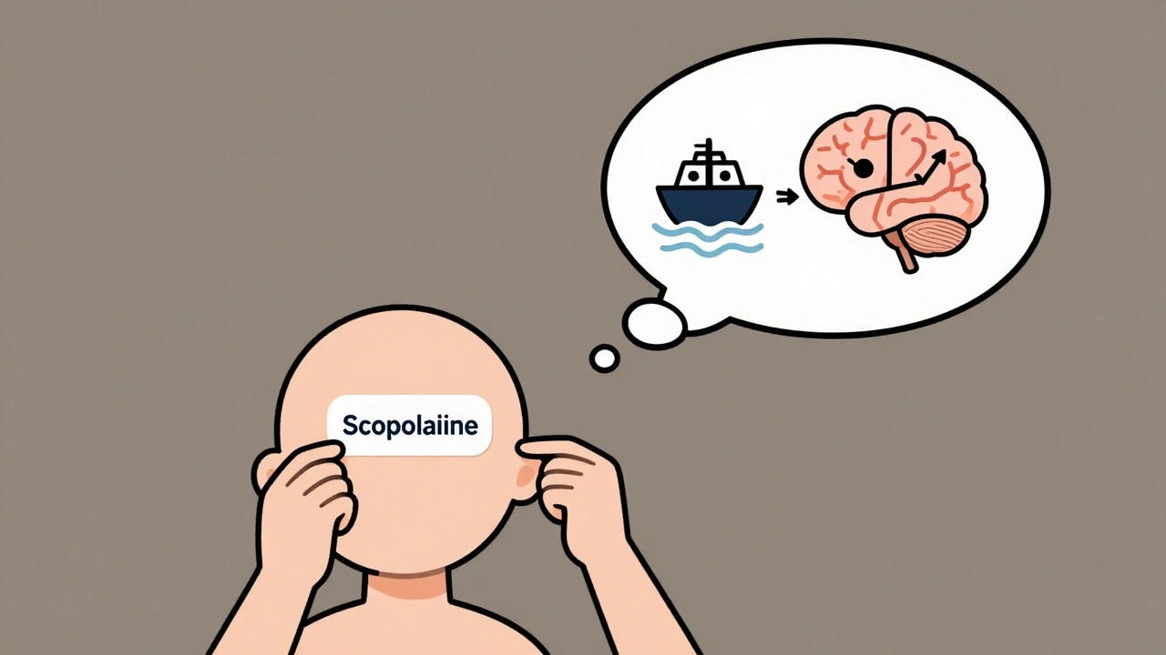 Person applying motion sickness patch with abstract brain and ship symbols.